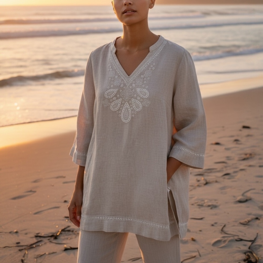 Tommy Bahama “Au Natural” Beaded Embroidered Linen Tunic in Sand Size XS